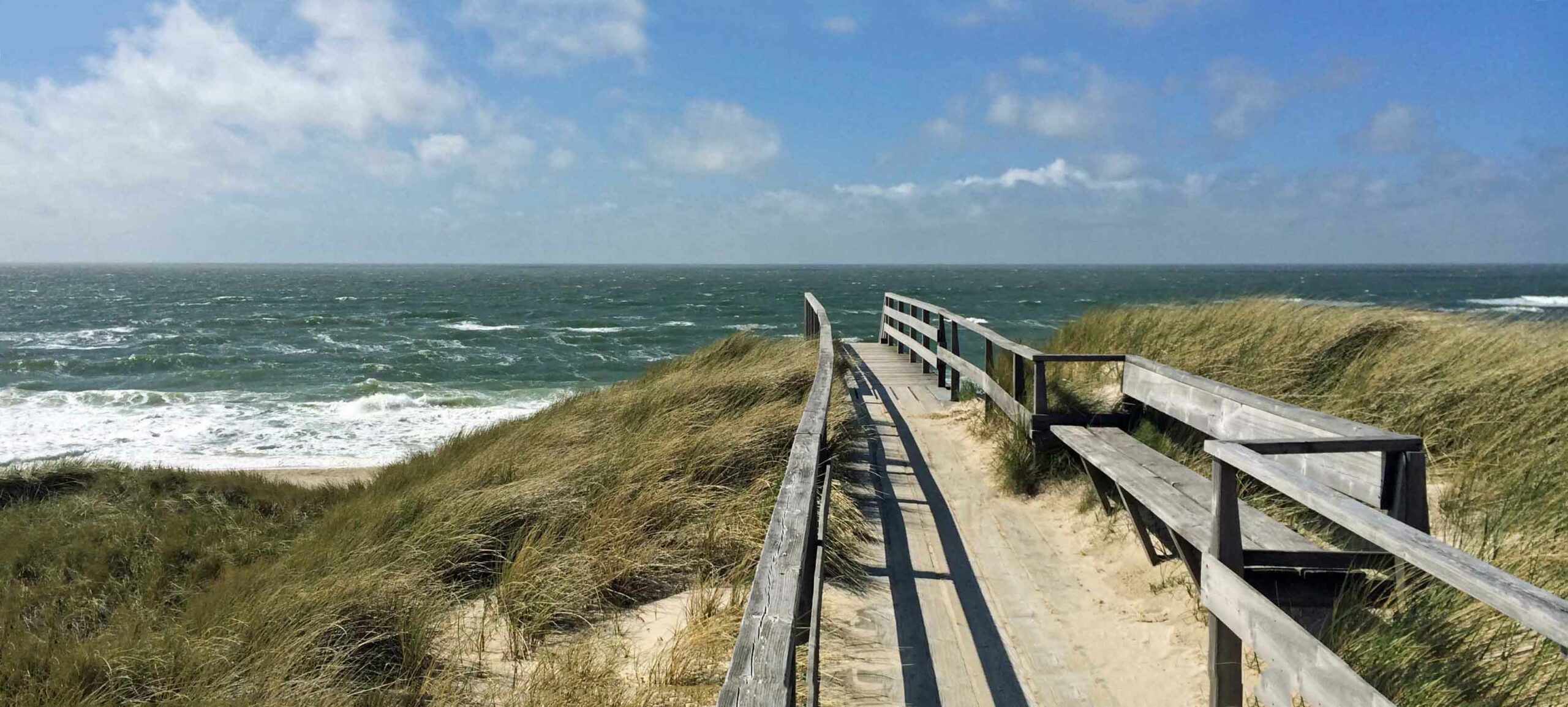 Holzsteg über den Dünen, mit Blick Richtung Meer.